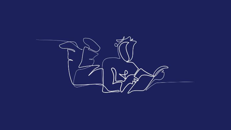 A line illustration of a person lying on the floor reading.