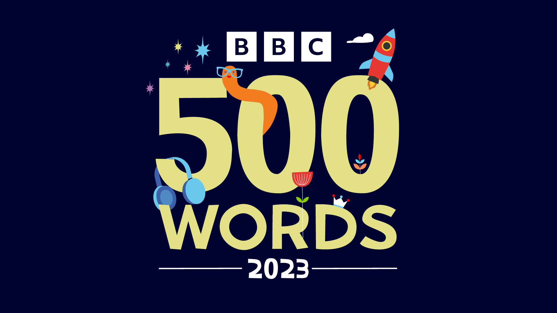 A navy graphic that reads '500 Words 2023'. At the top is the BBC's logo.