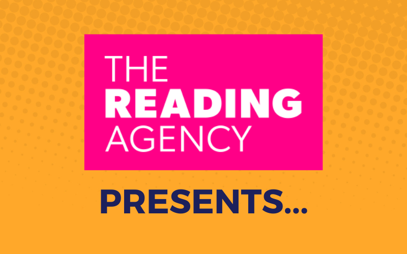 A yellow graphic with The Reading Agency's logo. Underneath, it reads 'PRESENTS...'.