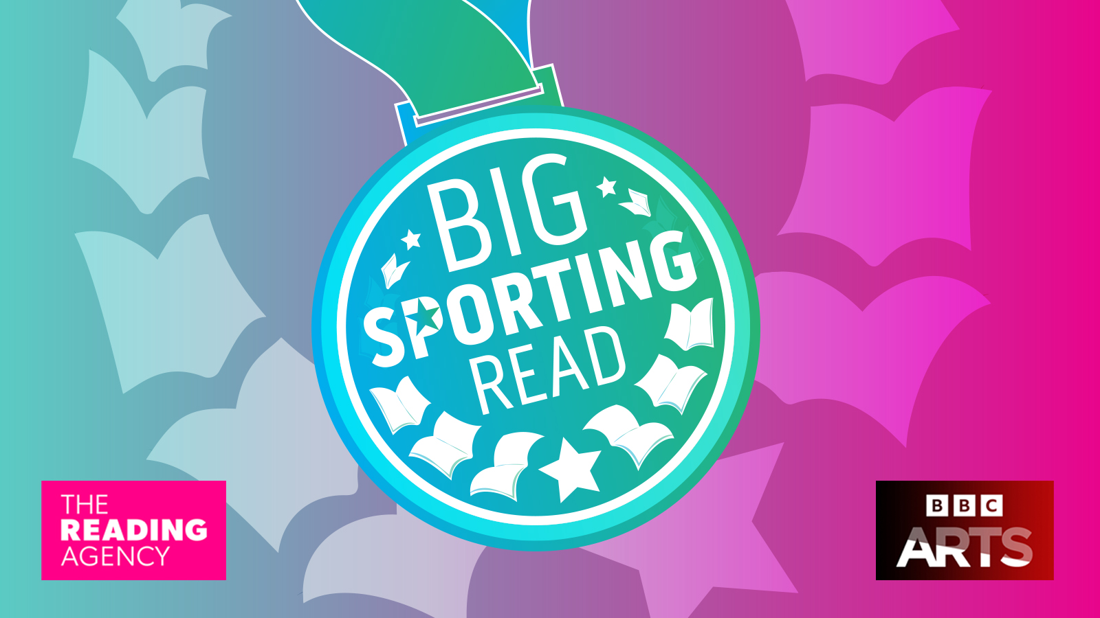 A turquoise and pink graphic with a medal that reads 'Big Sporting Read'. On the medal there are books.