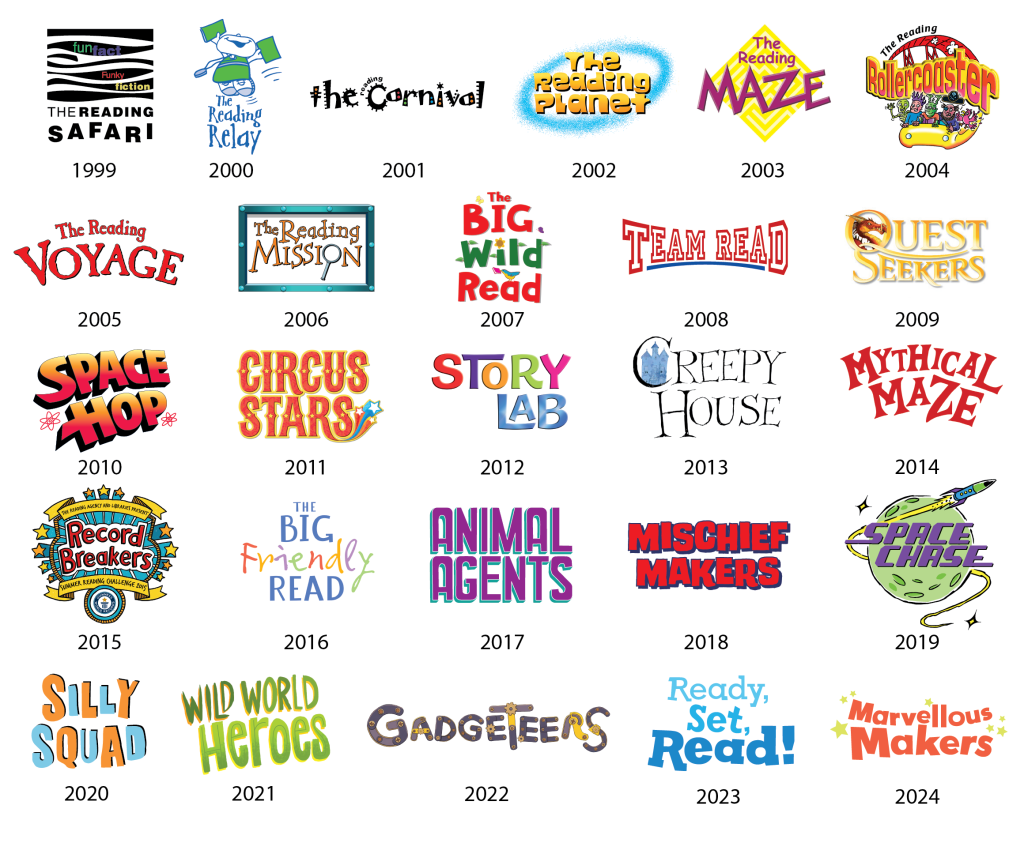 Grid showing the Summer Reading Challenge logos through the years, from 1999 to 2024.